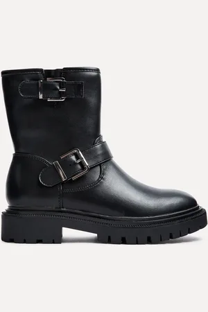 Linzi Black Trinity PU Biker Boots With Buckle Detail AU 8 (EU 39)