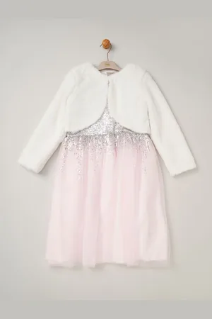 MISS Sequin Waterfall Dress With Faux Fur Bolero Outfit Set 7