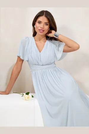 Lipsy London Short Sleeve Pearl Trim Mesh Maxi Bridesmaid Dress AU 8