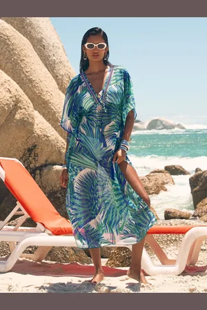 Love & Roses Blue Palm Print Embellished Maxi Kaftan 16