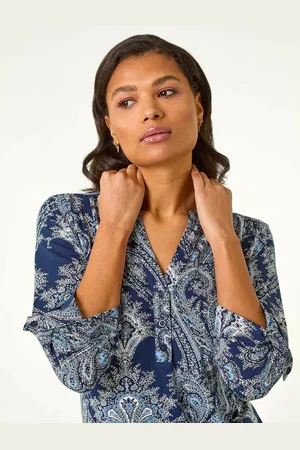 Roman Blue Paisley Print Shoulder Pleat Blouses AU 18