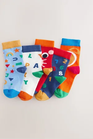 Next Blue/Ecru/Red Nursery Alphabet Print Rich Socks 5 Pack 6-8.5 Jnr