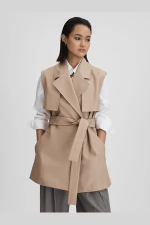 Reiss Neutral Everley Leather Double Breasted Gilet AU 14