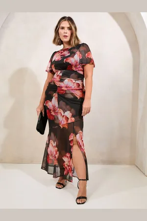 Lipsy London Curve Floral Print Mesh Short Sleeve Ruched Underbust Fit and Flare Midi Dress AU 18