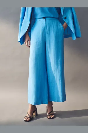 MARELLA Emme Marella Blue Silvana Long 100% Linen Trousers AU 12