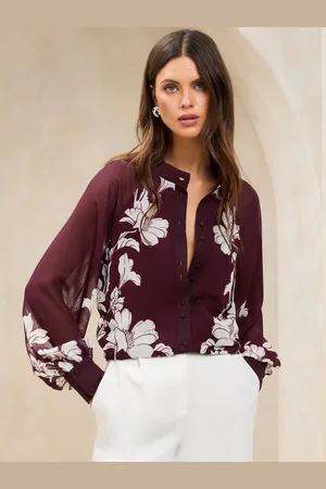 Lipsy London Burgundy Red Long Sleeve Grandad Collar Blouse AU 10