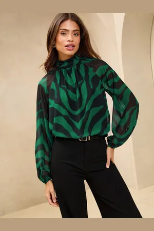 Lipsy London Green Print High Neck Blouson Blouse AU 18