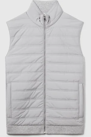 Reiss Soft Grey William Hybrid Quilt and Knit Zip-Through Gilet M