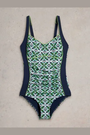 White Stuff Dark Blue Splash Control Swimsuit AU 10