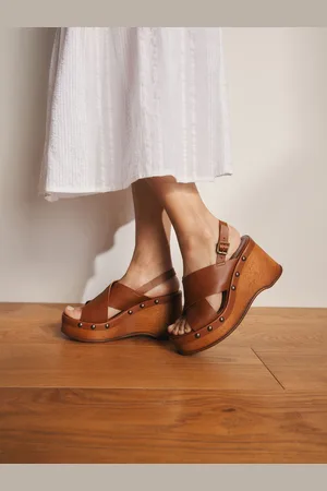 Next Tan Brown Signature Premium Leather Cross-Over Stud Detail Slingback Platform Clog Wedges eu375uk45