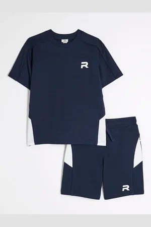 River Island Blue Boys Block Piped 100% Cotton Tee Shorts Set 110116cm