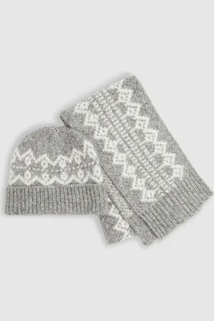 Reiss Grey Melange Berwin FairIsle Pattern Hat and Scarf Set 3