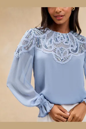 Lipsy London Blue Embellished Sequin Long Sleeve Blouse AU 16
