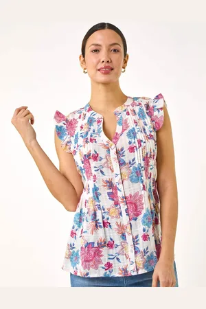 Roman Pink Floral Print Pintuck Frill 100% Cotton Blouse AU 20