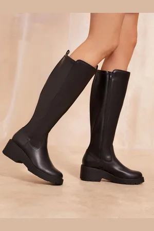 Friends Like These Black Wide Fit Low Wedge Knee High Stretch Faux Leather Boot AU 6 (EU 37)