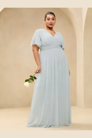 Lipsy London Curve Short Sleeve Pearl Trim Mesh Maxi Bridesmaid Dress AU 24