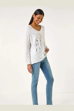 Roman White Textured Foil Snit V-Neck Tunics medium