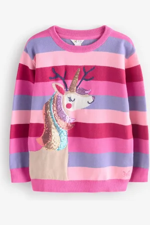 J.Crew Pink Company Stripe Reindeer-Icorn Embellished Pink Jumper 10