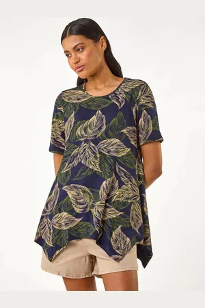Roman Blue Floral Print Hanky Hem Tunic Top AU 14