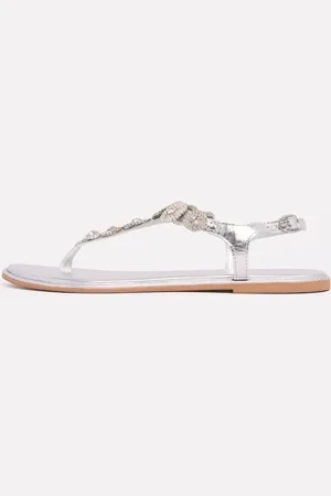 Lipsy London Silver Standard Fit Leather Flat Embellished Trim Strappy Sandals AU 8 (EU 39)