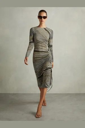Reiss Riyo Printed Ruched Midi Dress AU 10