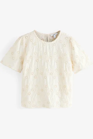 Next Cream Textured Floral Cornelli Embroidered Short Sleeve 100% Cotton Blouse AU 16