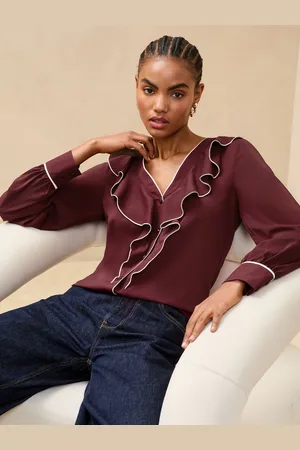 Lipsy London Burgundy Red Tipped V-Neck Ruffle Long Sleeve Blouse AU 8