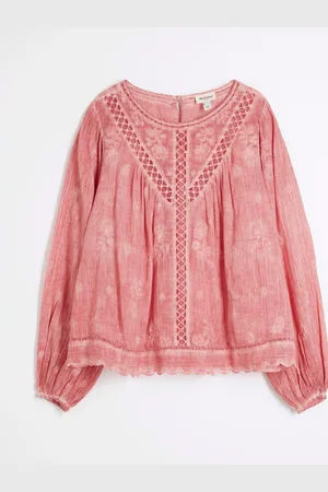 River Island Pink Long Sleeve Lace Trim Embroidered 100% Cotton Top AU 12