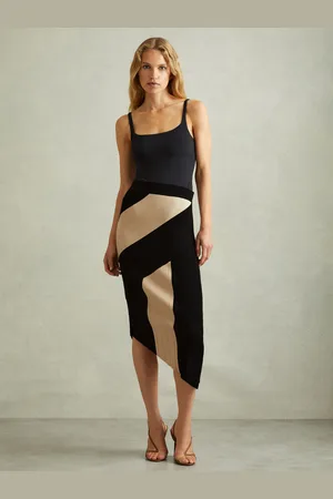 Reiss Jess Knitted Colourblock Asymmetric Midi Skirt S