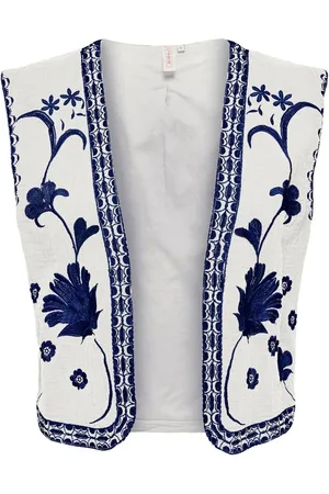 ONLY White Floral Print Embroidered 100% Cotton Waistcoat