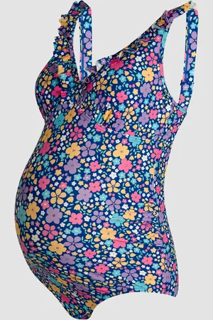 JoJo Maman Bébé Navy Maternity Floral Print Frill Swimsuit M