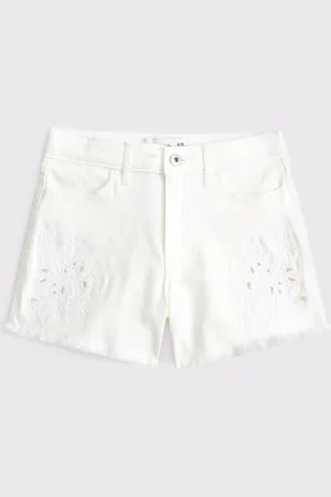 Abercrombie & Fitch High Rise Relaxed Denim Shorts With Floral Print Cut Out Detail 17-18 Yrs