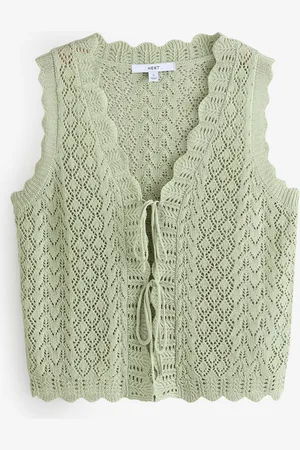 Next Green Sage Lace Knit Tie Front Vest with Linen xlarge