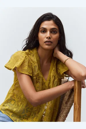 Next Ochre Yellow V-Neck Short Sleeve Lace Blouse AU 12