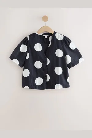 Next Navy Blue/White Spot Linen Blend Scallop Button Down Short Sleeve Blouse 24