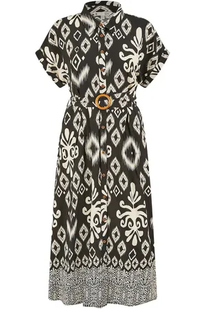 Yumi Abstract Geo Print Relaxed Midi Shirt Dress With Belt AU 12