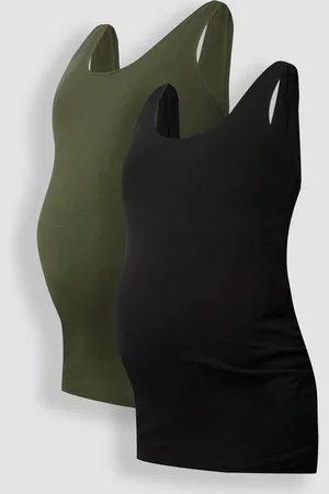 JoJo Maman Bébé Khaki Green & Black 2-Pack Ruched Maternity Vest Tops M