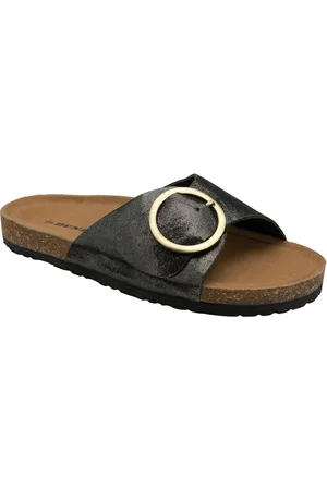 Dunlop Charcoal Black Ladies Single Large Buckle Footbed Sandals AU 8 (EU 39)