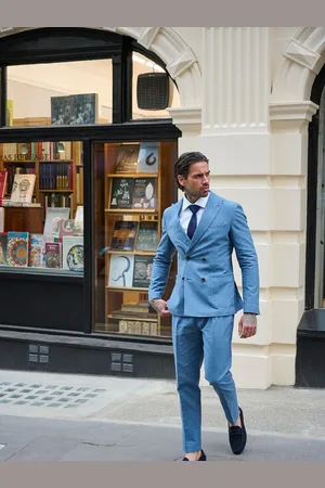 Harry Brown Blue Slim Fit Oliver Linen Cotton Blend Suit: Smart Trousers 40W x 31L (UK 40 R)
