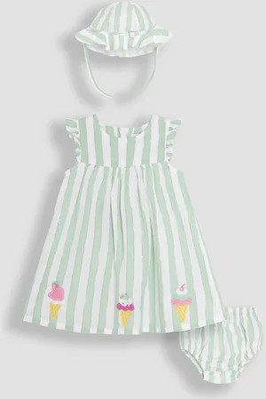 JoJo Maman Bébé Aqua Green Ice Cream Embroidered 3-Piece Frill Shoulder Baby Dress, Knicker & Hat Set 1.5