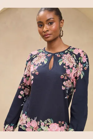 Lipsy London Black Printed Keyhole Long Sleeve Top AU 14