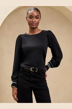 Lipsy London Black Long Puff Sleeve Trim Cuff Detail Top AU 6