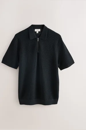 Next Regular Fit Signature 100% Merino Textured Short Sleeve Quarter Zip Knit Polo Shirt medium
