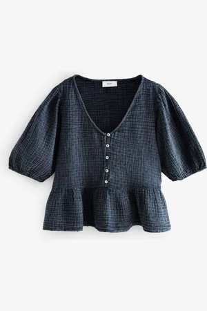 Next Indigo Blue Wash Puff Short Sleeve Doublecloth 100% Cotton Blouse AU 26