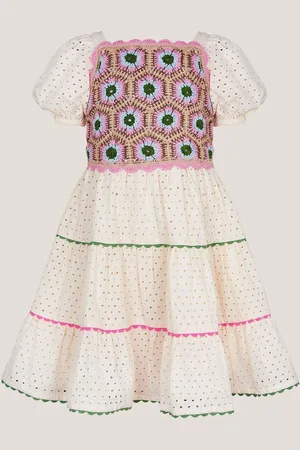 Monsoon Crochet Broderie Puff-Sleeve 100% Cotton Dress 11 Years (146cm)