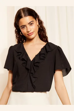 Friends Like These Black Ruffle Front Puff Sleeve Blouse AU 12