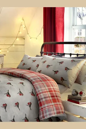 FUSION Red Robin Brushed Animal Pattern 100% Cotton Christmas Duvet Cover and Pillowcase Set Double