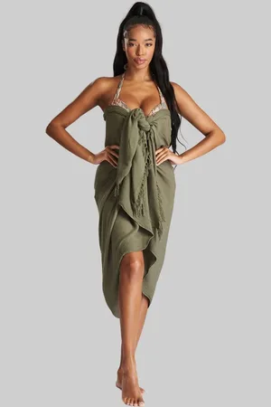 South Beach Khaki Crinkle Viscose Fringed Sarong Cover-Up One