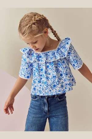 Next Blue Floral Printed Ruffle 100% Cotton Blouse (3-16yrs) 8 Years (128 cm)
