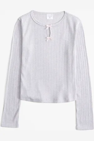 Abercrombie & Fitch Cream Long Sleeve Pointelle Bow Detail Top 17-18 Yrs